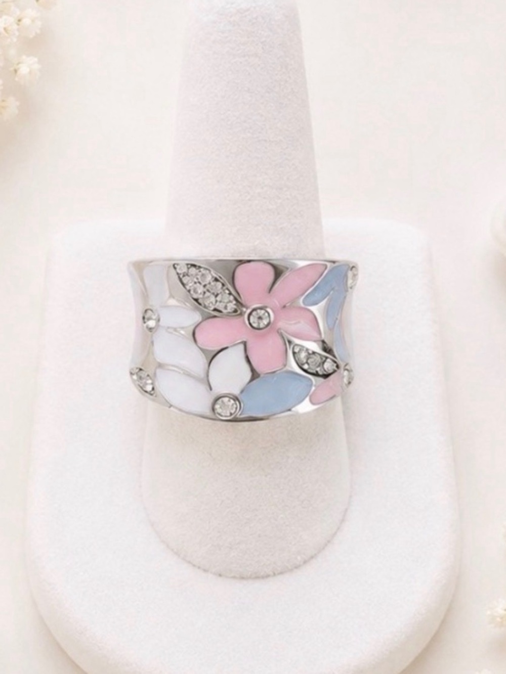 Silver Tone Floral Enamel Fashion Ring with Pink & Blue Accents-NWOT